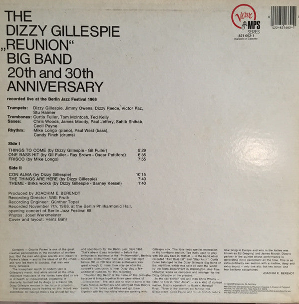 Dizzy Gillespie : The Dizzy Gillespie "Reunion" Big Band 20th & 30th Anniversary (LP,Album)